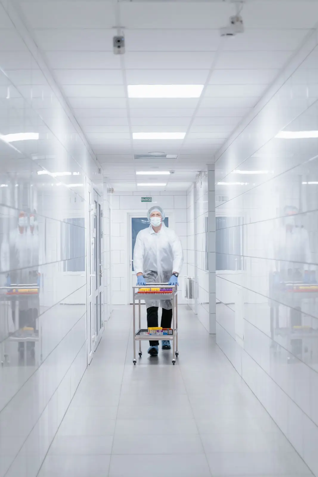 Clean-room corridor with white panel walls
