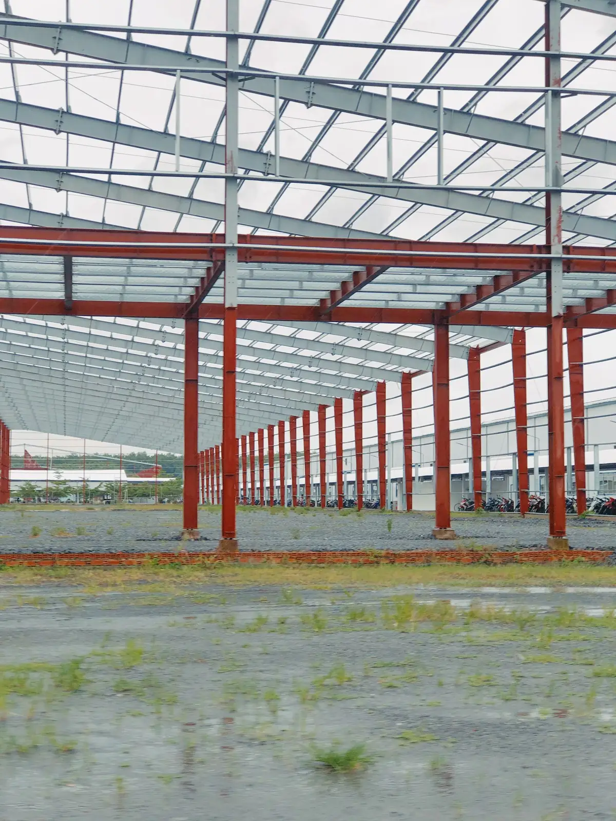 Steel frame of a new industrial shed before cladding